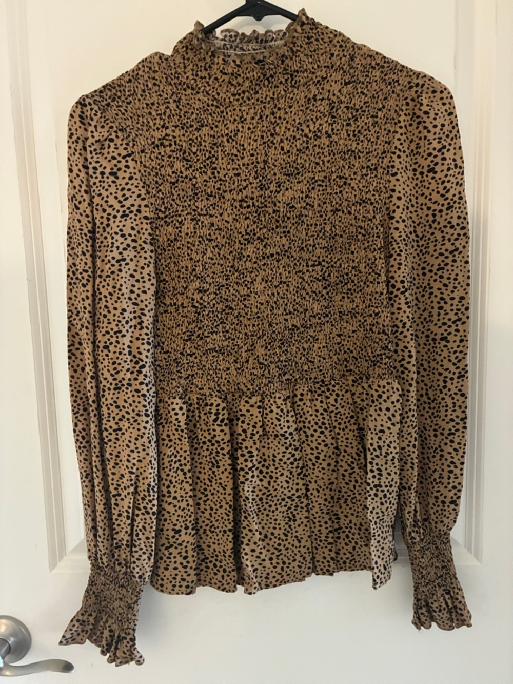Smocked High-Neck Leopard Print Blouse - Tan & Black